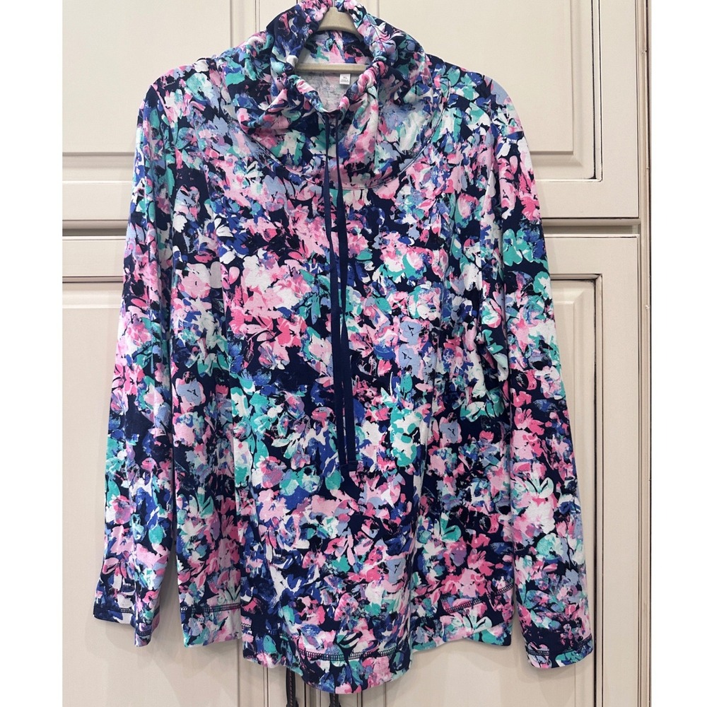 T by Talbots Floral Cowl Neck Pullover Top XL Pink Blue Long Sleeve ID5418 06/23